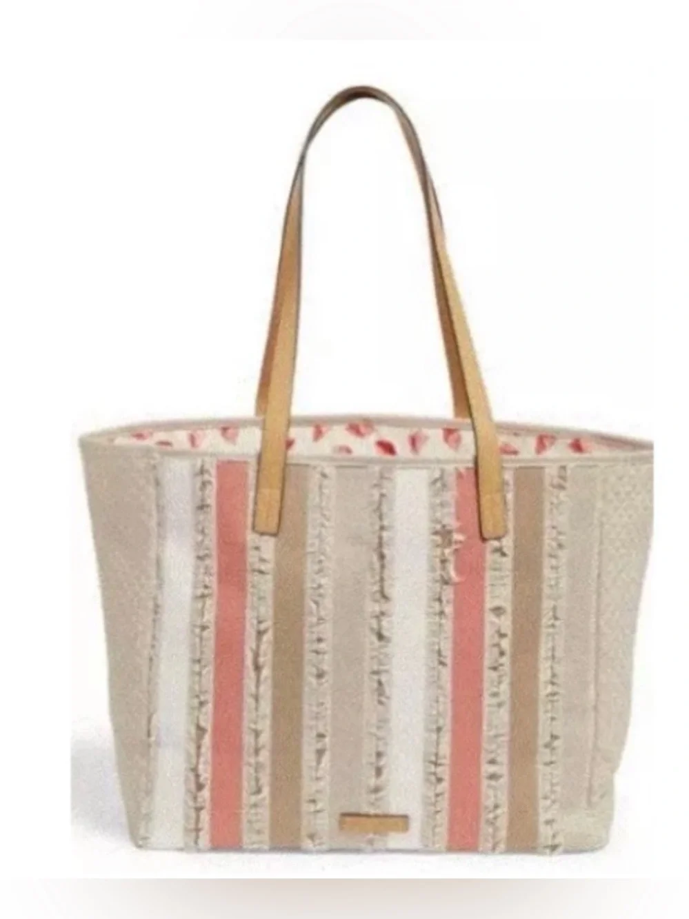 Vera Bradley Fringed Tote Beach Bag in Neutral Stripe Sea Shell Lining Print